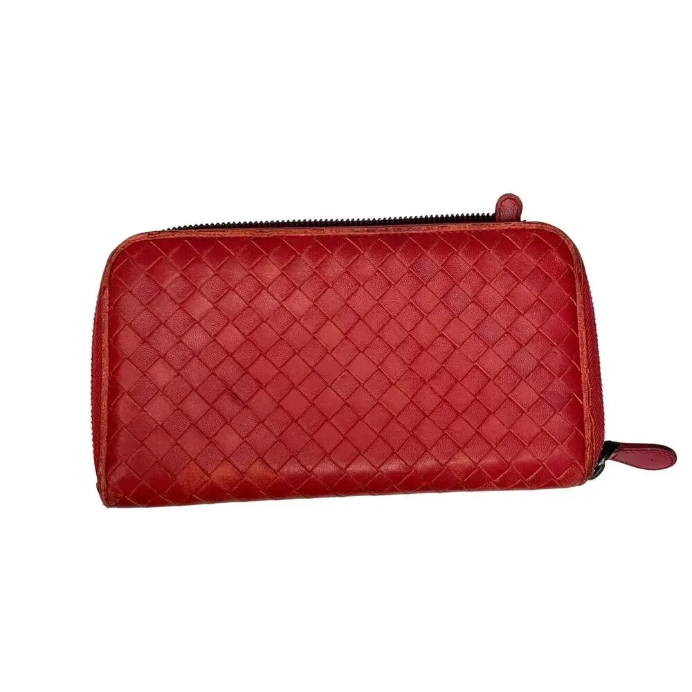 Bottega Veneta Intrecciato Red Leather Zip Around Continental Wallet